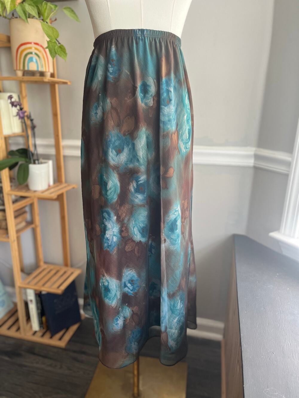 Vintage 90s Floral Maxi Skirt Brown Blue Roses Size Large